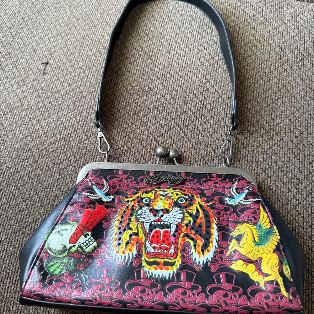 Ed Hardy Multicolor Tiger Print Clutch with Black Strap